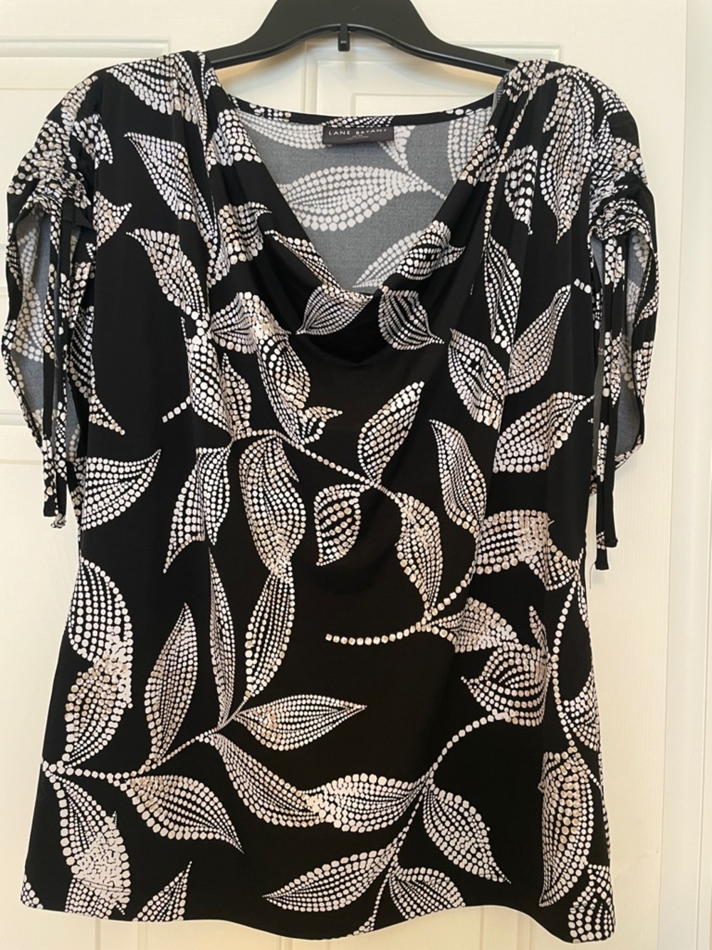Lane Bryant Black and White Leaf-Print Drape Neck Blouse